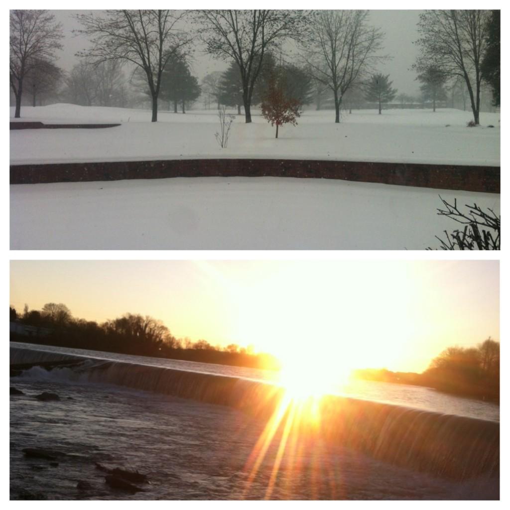 The height of snow reached 10 inches in Danville. (top) Just two and a half weeks later, the sun is shining and formerly frozen water flows freely. (bottom)