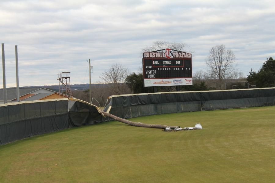 The baseball field received damage receiving high winds on February 24.