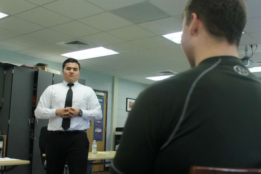 Senior Carlos Alarcon, defensive attorney, question junior Dylan Haley.