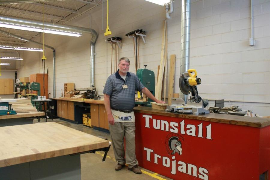 Mr. Bandy repurposed the old basketball score table into a saw table. 