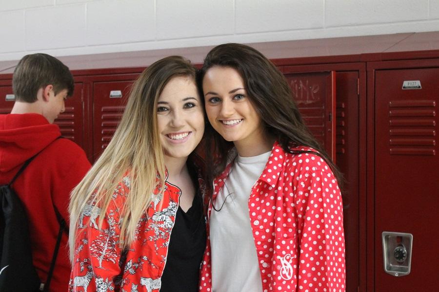 Friends Allie Gentry and Jordan Hawkins wear similar pajamas. 