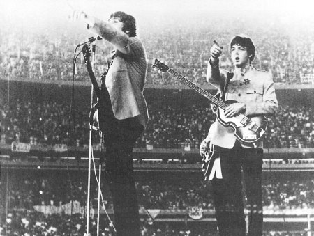 The Beatles making a historic performance at Shae Stadium.