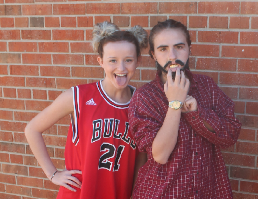 Leah is on the right in her Post Malone spirit week costume next to senior Cayla Fuqua, who is dressed as Miley Cyrus. 