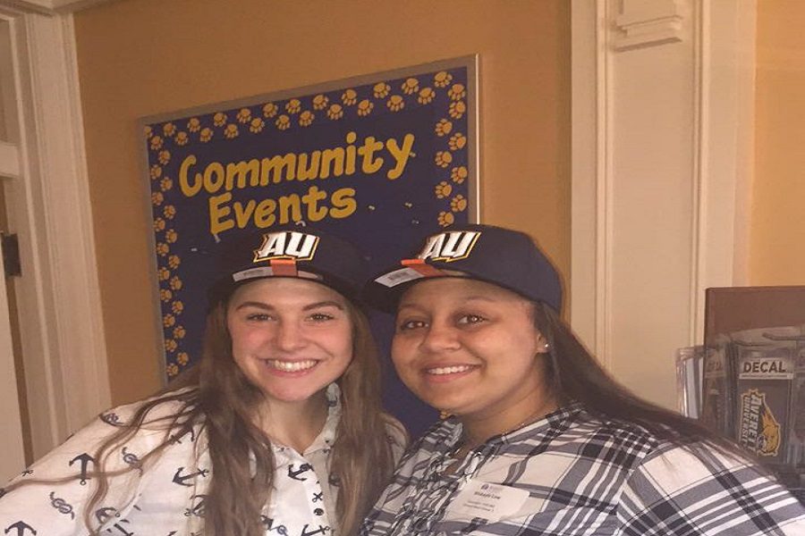 Senior Makayla Law (right) in the bookstore with a friend she made from Patrick County. 