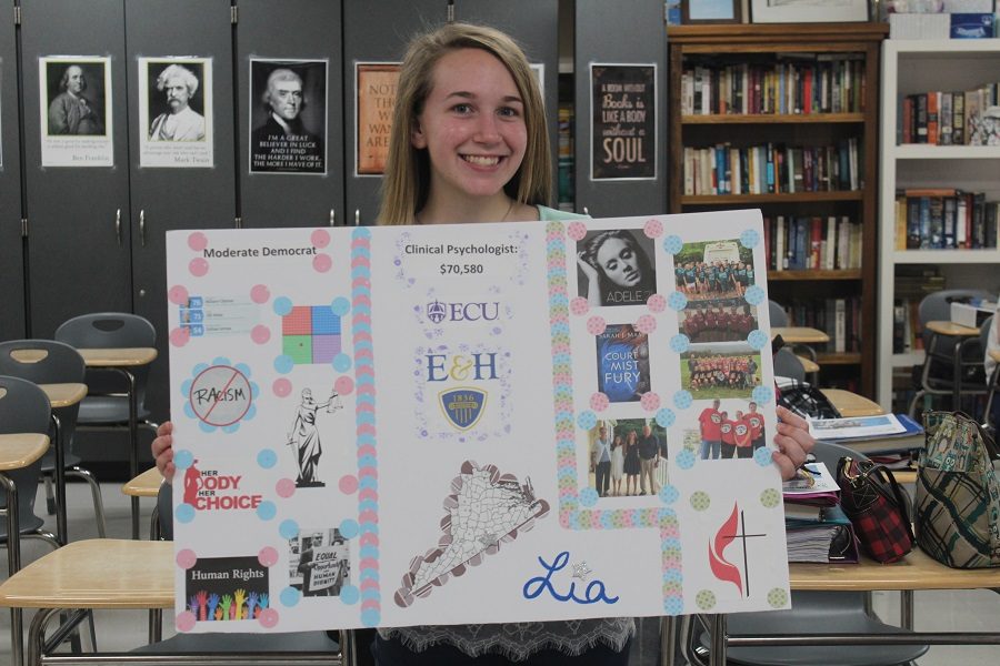 Senior Lia Haskins shows off her political poster. 