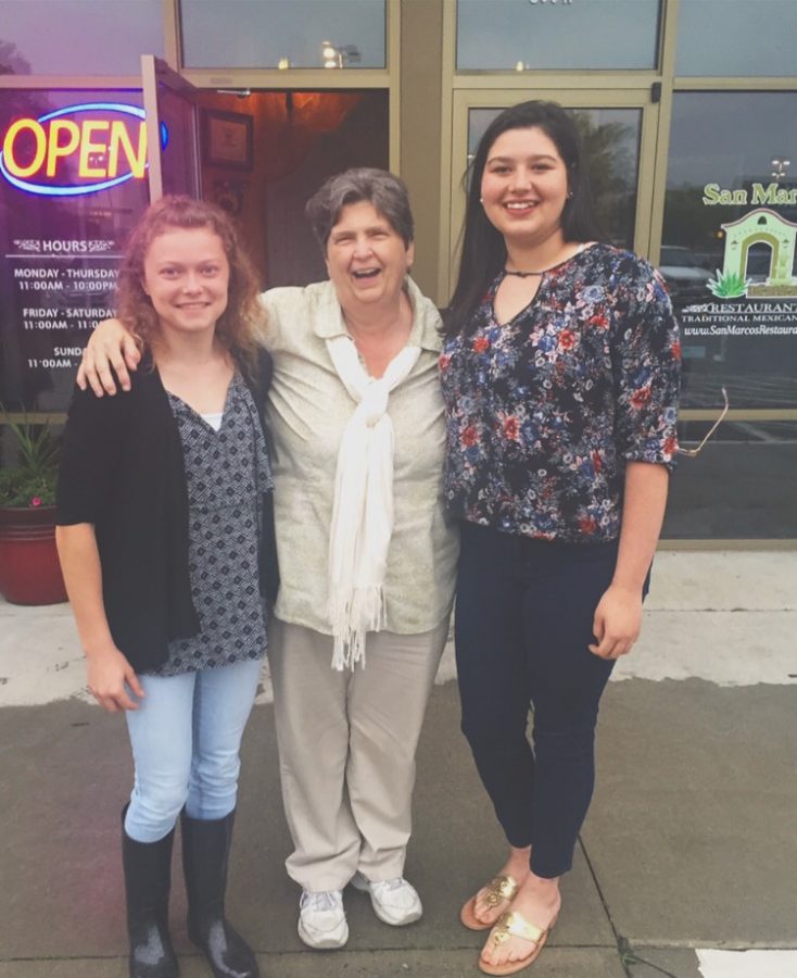 In their sophomore year, Sarah Lovern and Caitlin Giles enjoy an evening out at San Marcos with Mrs. Ayuso.