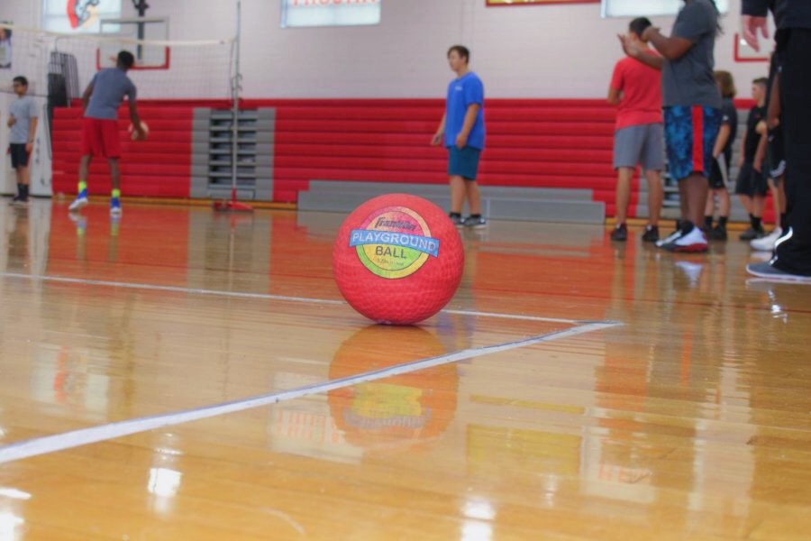 Four-Square ball laying on the corner of a Four-Square court.