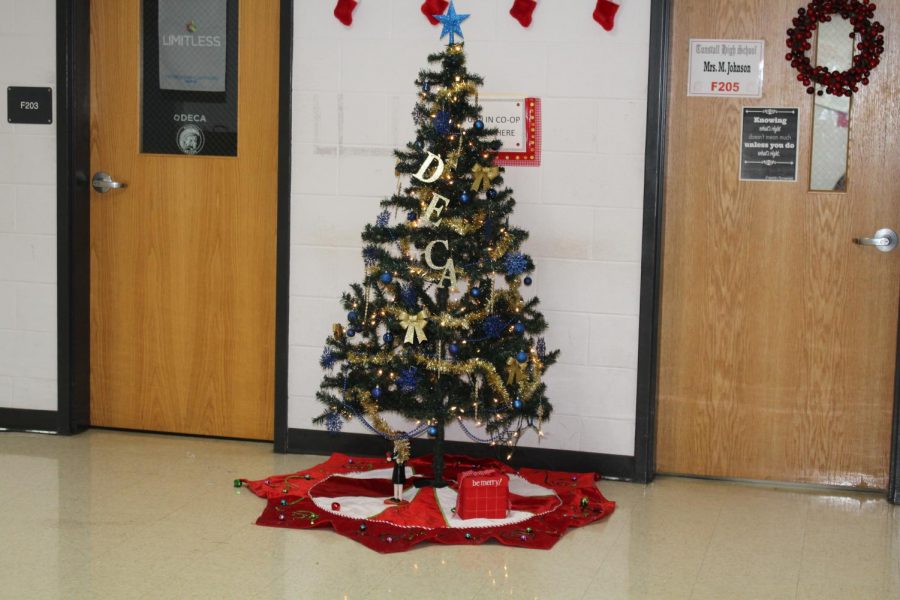 Deca christmas tree outside of the Deca office on F wing.