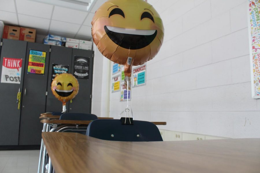 Mrs. Rays classroom, with balloons as students.