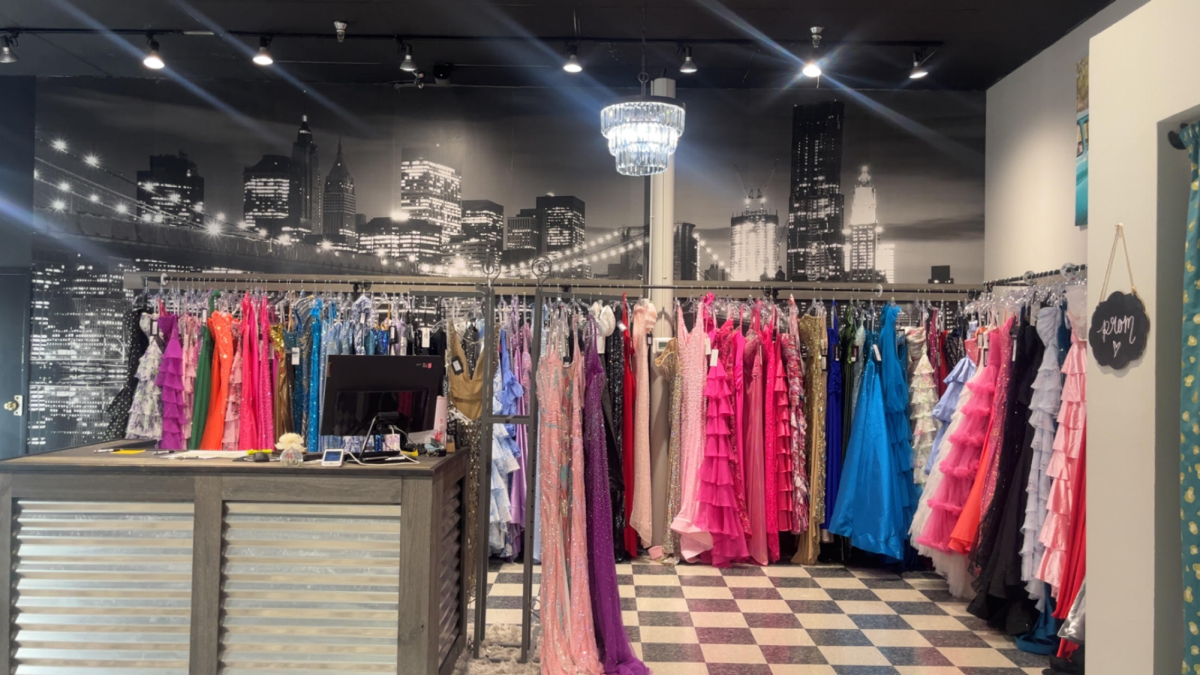 A colorful display of many prom options at Carolina Bridal World, a popular prom shop.